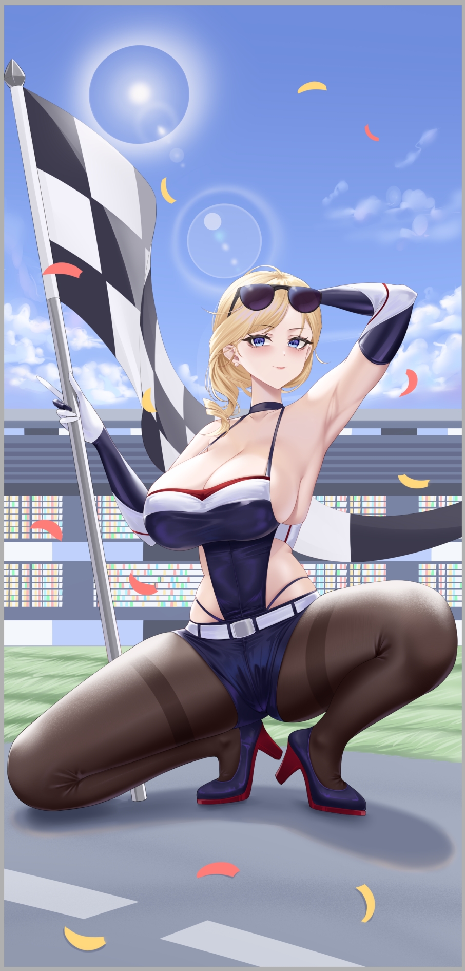 arm_up armpits azur_lane black_boots black_choker black_gloves black_leotard black_pantyhose black_shorts blonde_hair blue_eyes boots breasts checkered_flag choker cleavage confetti elbow_gloves eyewear_on_head flag gloves high_heel_boots high_heels highleg highleg_panties highres holding holding_flag hood_(azur_lane) large_breasts lens_flare leotard long_hair outdoors panties pantyhose race_queen shorts sideboob smile sunglasses thighband_pantyhose underwear user_xujn5742
