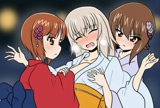 3girls alternate_costume blush brown_eyes brown_hair girls_und_panzer grabbing_another&#039;s_breast grey_hair groping hand_in_another&#039;s_clothes itsumi_erika japanese_clothes kimono long_hair molestation multiple_girls nishizumi_maho nishizumi_miho short_hair wakku_kan