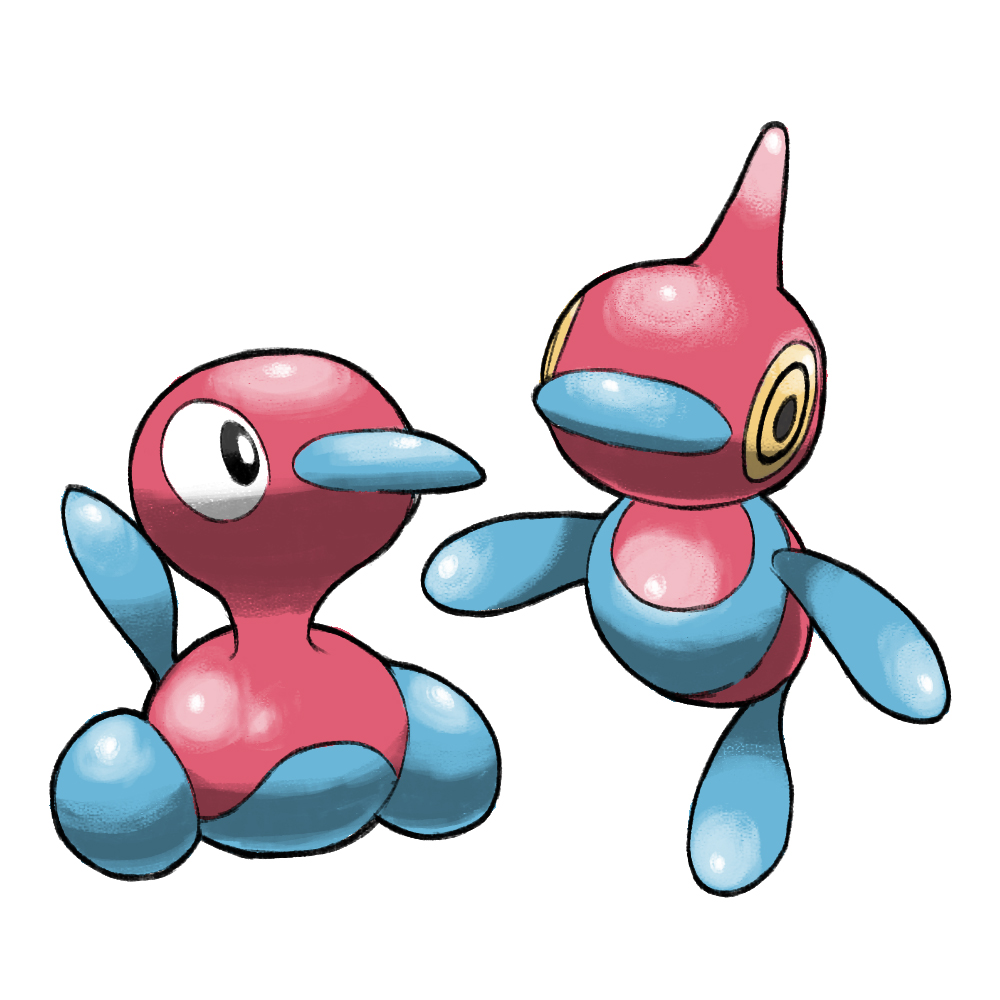blacknirrow full_body gen_2_pokemon gen_4_pokemon nintendo no_humans pokemon pokemon_(creature) pokemon_focus porygon-z porygon2 simple_background white_background yellow_eyes