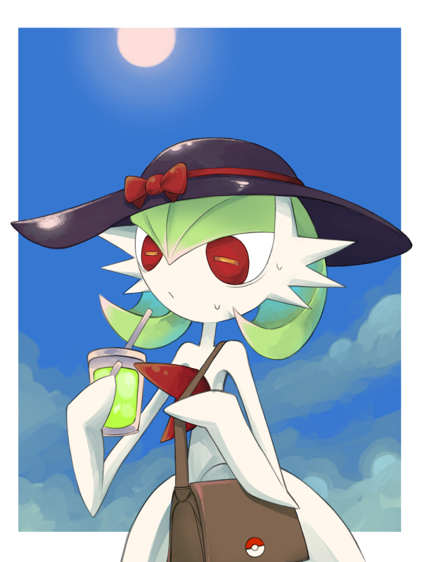 bag blue_sky bow cloud colored_skin dmt_(auburn) drink drinking_straw gardevoir gen_3_pokemon green_hair hat hat_bow mega_gardevoir mega_pokemon nintendo poke_ball_symbol pokemon pokemon_(creature) red_bow red_eyes shoulder_bag sky sun sun_hat sweat white_skin