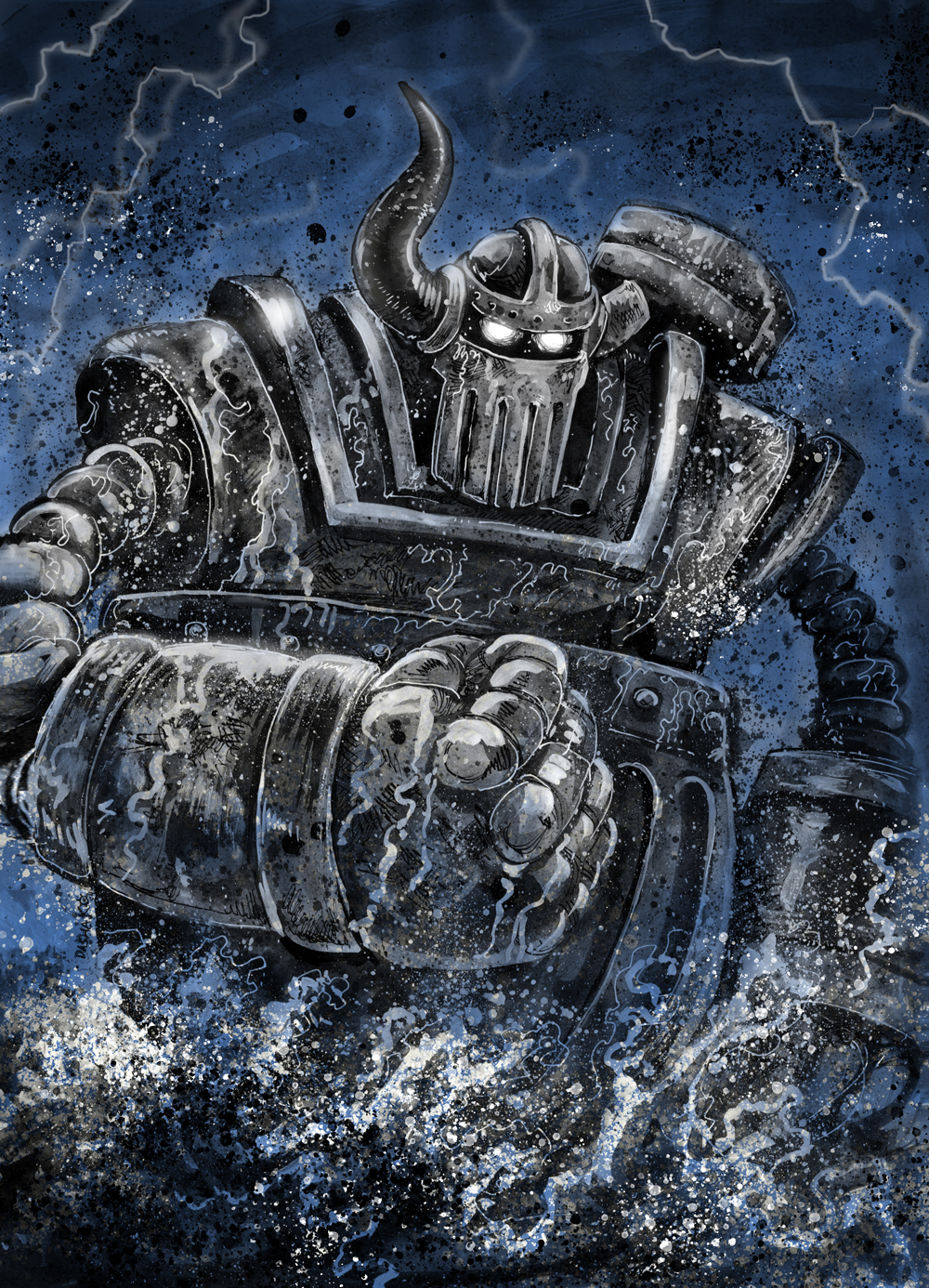 1other armor broken_horn clenched_hand dasha_komixmaker emet_(one_piece) fake_horns full_armor gloves glowing helmet highres horned_helmet horns humanoid_robot joints mecha mecha_focus no_humans one_piece robot robot_joints single_horn solo standing super_robot thunder water white_eyes