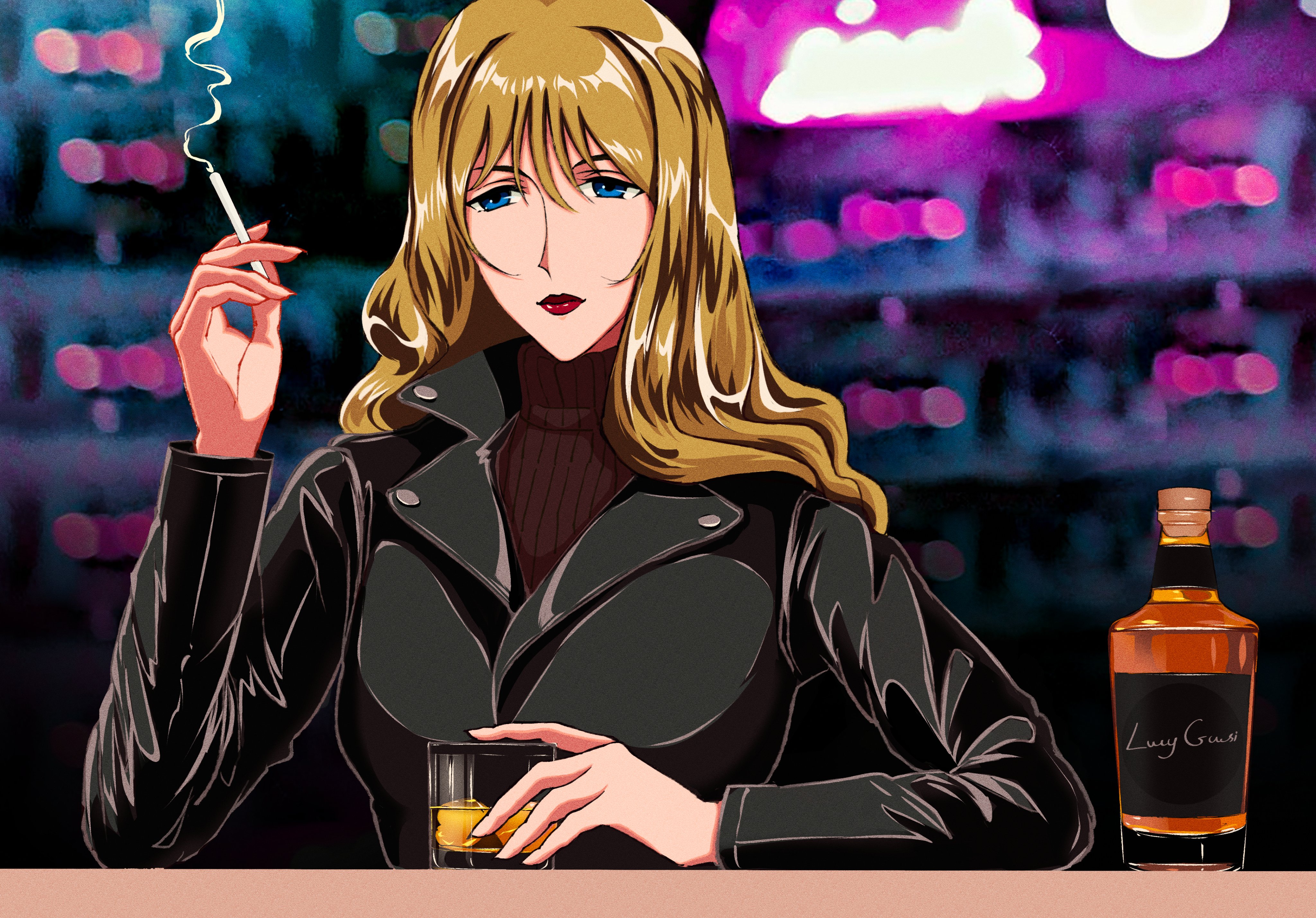 absurdres alcohol blonde_hair blue_eyes cigarette coat cowboy_bebop curly_hair highres julia_(cowboy_bebop) lucyguusi sweater trench_coat turtleneck turtleneck_sweater