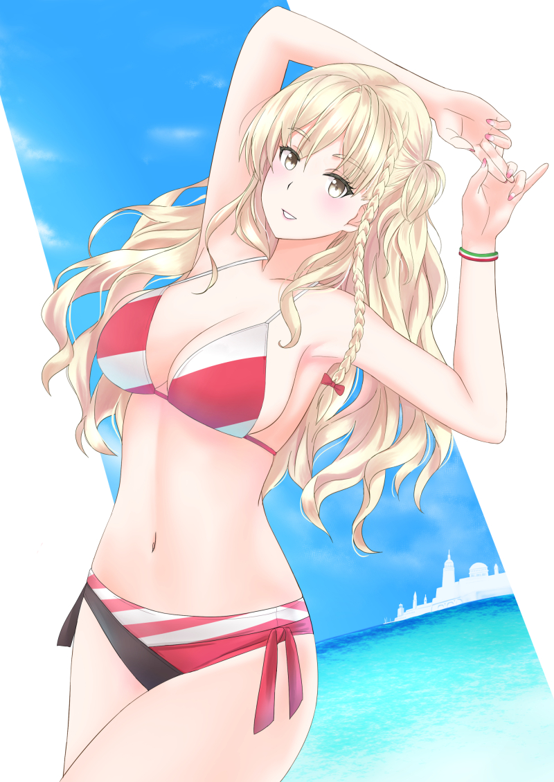 1girl bare_shoulders beach bikini blonde_hair blush braid breasts brown_eyes city day hair_between_eyes kantai_collection large_breasts long_hair looking_at_viewer ocean open_mouth outdoors red_bikini smile solo swimsuit takase_asagiri water wavy_hair zara_(kancolle)