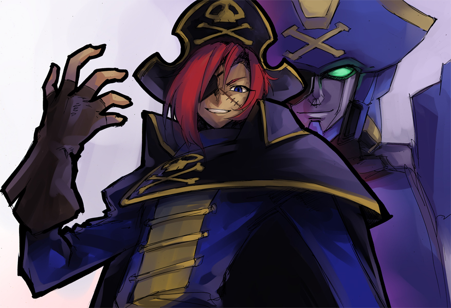 1970s_(style) 1boy bad_id bad_pixiv_id blue_eyes captain_shark corsair cosplay eyepatch fingerless_gloves gloves gradient_background grin harlock_(cosplay) harlock_saga hat ikuhana_niiro male_focus mecha oldschool ougan_yuusha_goldran ougon_yuusha_goldran pirate pirate_hat red_hair retro_artstyle robot scar smile solo uchuu_kaizoku_captain_harlock upper_body walter_walzac white_background yuusha_series