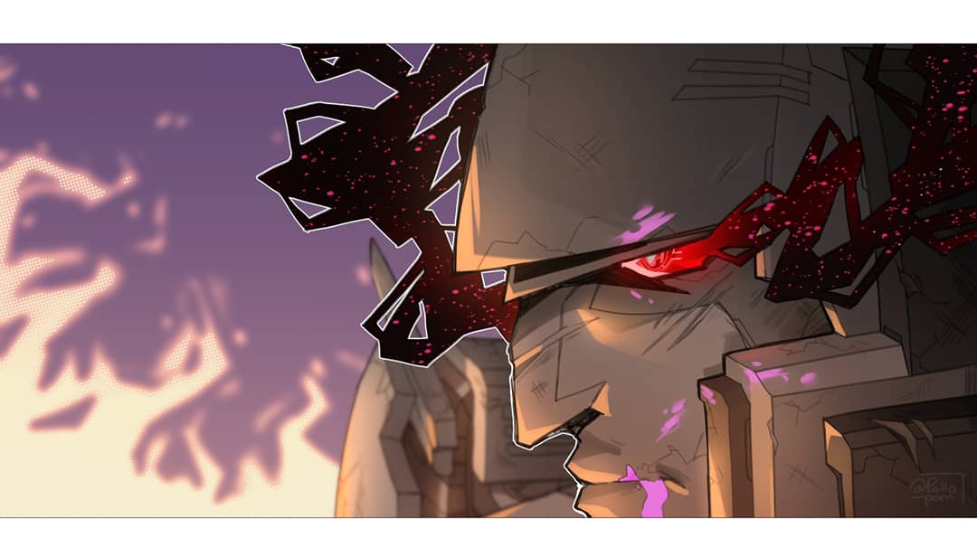 1boy close-up commentary decepticon energon english_commentary fire from_side glowing glowing_eye looking_ahead mecha megatron no_humans pollo_(pollo_pom) red_eyes robot solo transformers