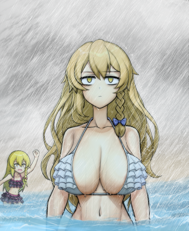 1boy 1girl bags_under_eyes bikini black_bikini blonde_hair blue_bow bow braid breasts cleavage closed_mouth commentary_request cookie_(touhou) crossdressing expressionless frilled_bikini frills genderswap genderswap_(ftm) hair_bow jigoku_no_soko_de_coffee_wo_nomu_neko kirisame_marisa large_breasts long_hair mars_(cookie) navel ocean outdoors rain rei_(cookie) side_braid single_braid solo_focus swimsuit touhou trap upper_body variant_set water white_bikini yellow_eyes