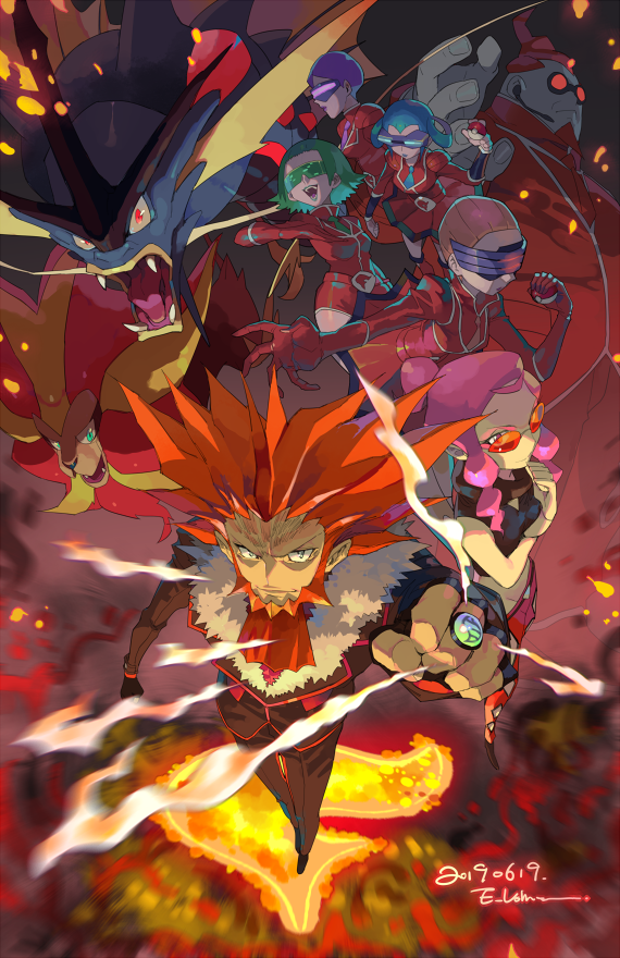 2boys 5girls aliana_(pokemon) beard big_hair blue-tinted_eyewear blue_hair bryony_(pokemon) celosia_(pokemon) clenched_hand closed_mouth commentary_request dated e_volution embers energy facial_hair from_above gen_1_pokemon gen_6_pokemon goggles green-tinted_eyewear green_hair gyarados long_sleeves looking_over_eyewear looking_over_glasses lysandre_(pokemon) mable_(pokemon) malva_(pokemon) mega_gyarados mega_pokemon mega_stone microphone multiple_boys multiple_girls necktie nintendo orange-tinted_eyewear orange-tinted_glasses orange_hair pink_hair pokemon pokemon_(creature) pokemon_xy purple-tinted_eyewear purple_hair pyroar pyroar_(male) red_hair sunglasses team_flare tinted_eyewear visor watermark xerosic_(pokemon)
