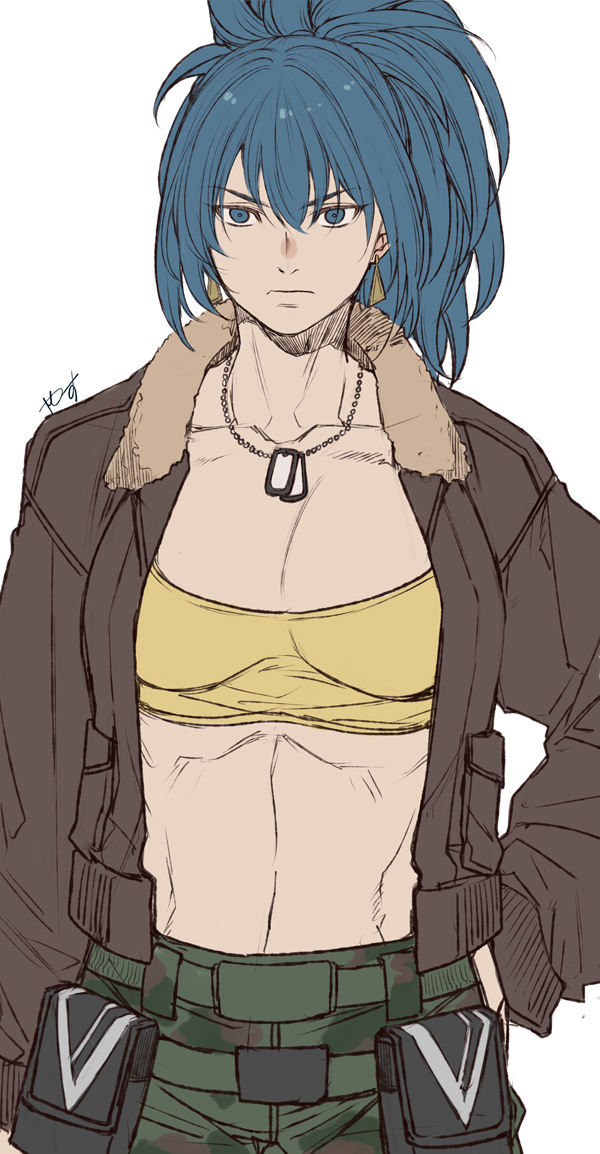 blue_hair breasts brown_jacket cargo_pants closed_mouth collared_shirt dog_tags earrings hair_between_eyes jacket jewelry leona_heidern long_sleeves midriff navel open_clothes open_jacket pants ponytail shirt simple_background soldier tank_top the_king_of_fighters the_king_of_fighters_xv triangle_earrings white_background yasunososaku yellow_tank_top