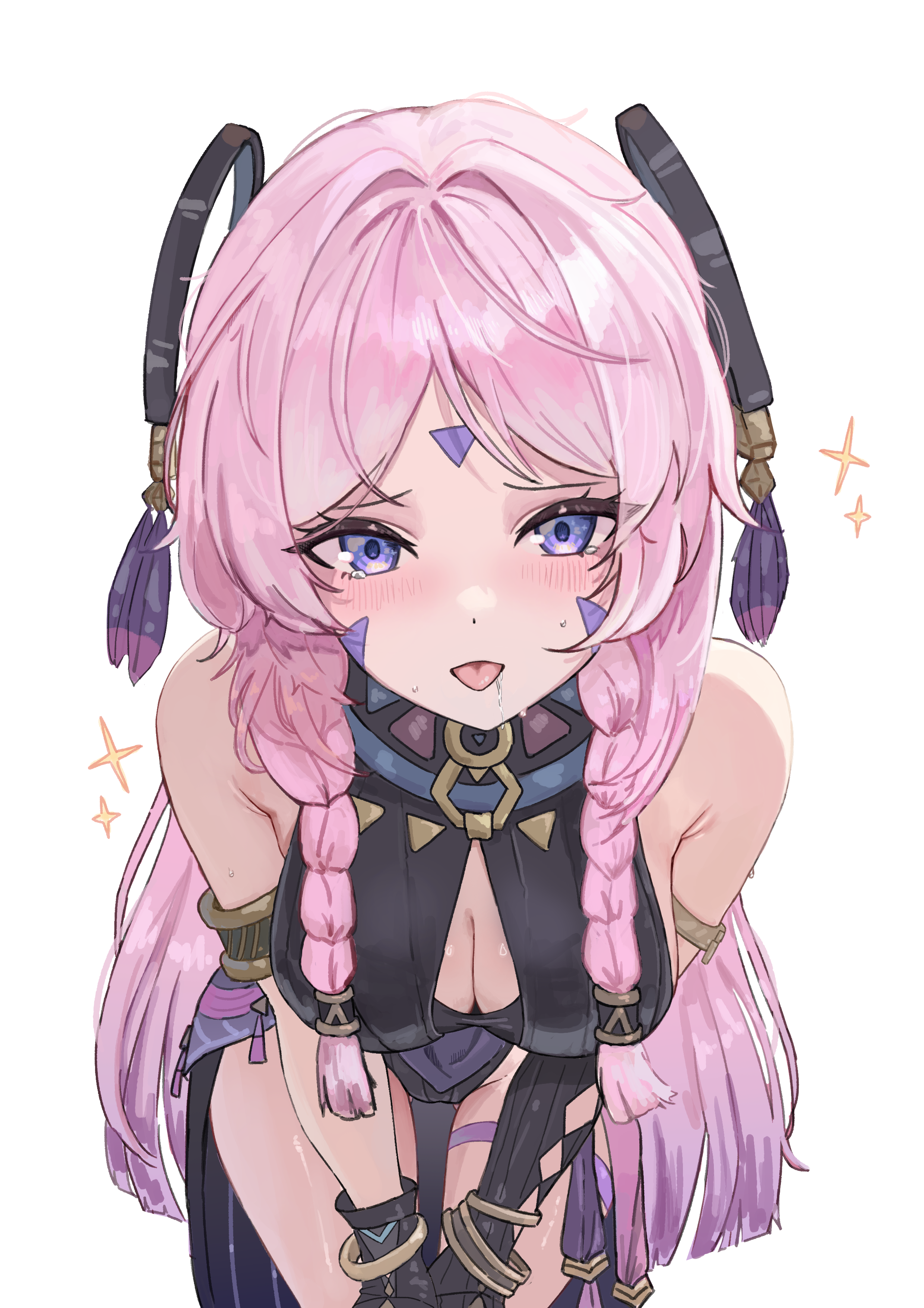 1girl absurdres bare_shoulders black_gloves black_leotard blush bracelet breasts citlali_(genshin_impact) cleavage cleavage_cutout clothing_cutout drooling elbow_gloves facial_mark feathers floating_headgear forehead_mark genshin_impact glove_cutout gloves gold_armlet gold_bracelet hair_intakes highres jewelry leotard long_hair looking_at_viewer medium_breasts pink_hair purple_eyes purple_feathers ring_hair_ornament simple_background single_elbow_glove leotard sleeveless_turtleneck_leotard solo tearing_up tongue tongue_out triangle triangle_facial_mark white_background yamu_(yamu_030)