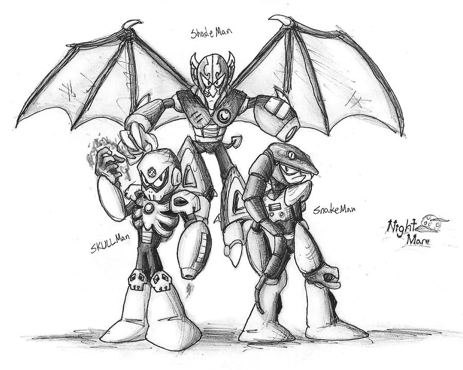3boys arm_cannon claws fangs helmet looking_at_viewer mask mega_man_(classic) mega_man_(series) mega_man_3 mega_man_4 mega_man_7 multiple_boys no_humans non-humanoid_robot robot shade_man skull skull_man snake_man tail weapon wings