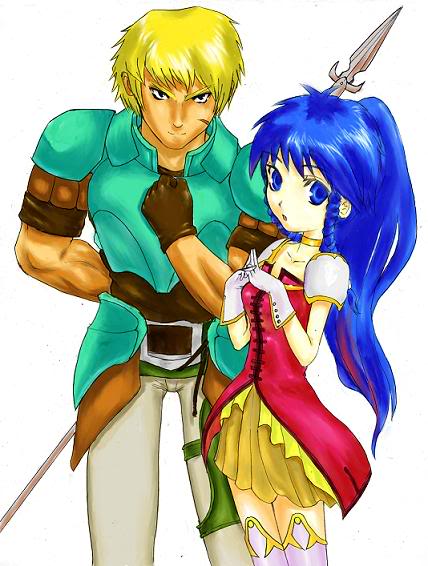 armor belt black_eyes blonde_hair blue_eyes blue_hair braid cormag_(fire_emblem) couple fire_emblem fire_emblem:_the_sacred_stones formal_clothes gloves hands_together lance long_hair modest muscular nintendo open_mouth pants pegasus_knight_uniform_(fire_emblem) polearm ponytail princess scar short_hair skirt spear tana_(fire_emblem) thighhighs twin_braids weapon wyvern_rider
