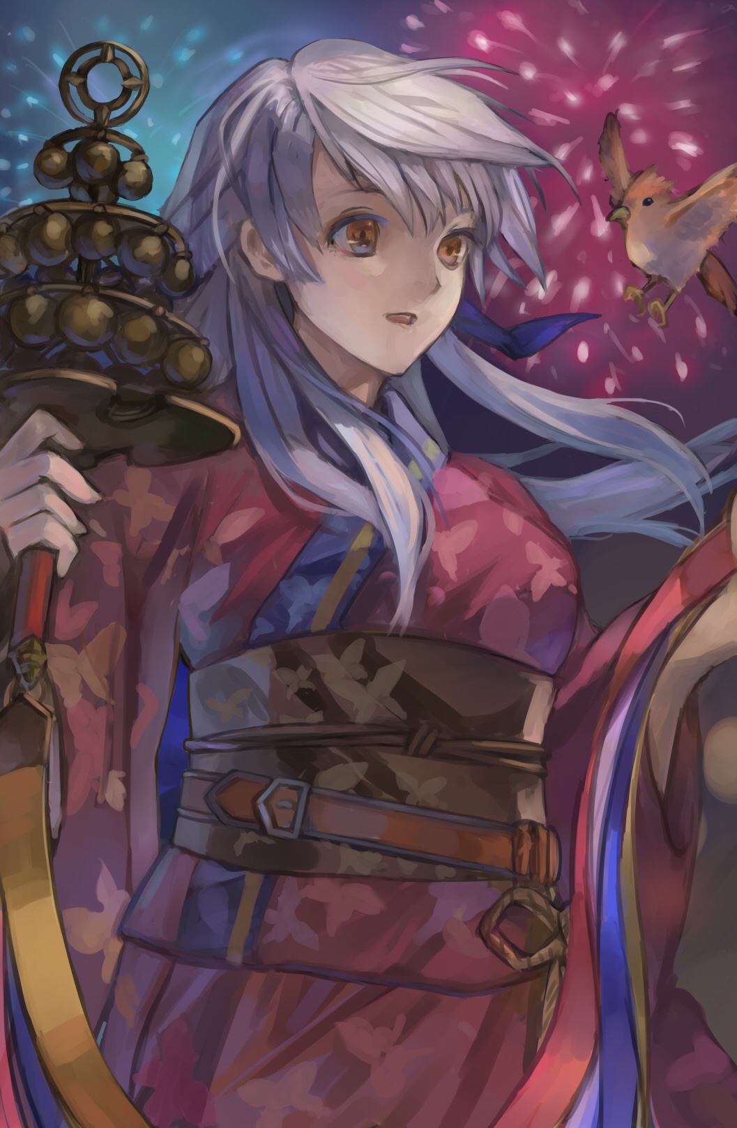 1girl animal_print bangle bell bird bracelet butterfly_print female_focus fire_emblem fire_emblem:_radiant_dawn fire_emblem_heroes fireworks hair_ribbon half_updo highres japanese_clothes jewelry jingle_bell kagura_suzu kimono mai_yukari micaiah_(fire_emblem) micaiah_(summer&#039;s_dawn)_(fire_emblem) night night_sky nintendo obi official_alternate_costume ribbon sash silver_hair sky solo summer_festival upper_body yellow_eyes yukata yune_(fire_emblem)
