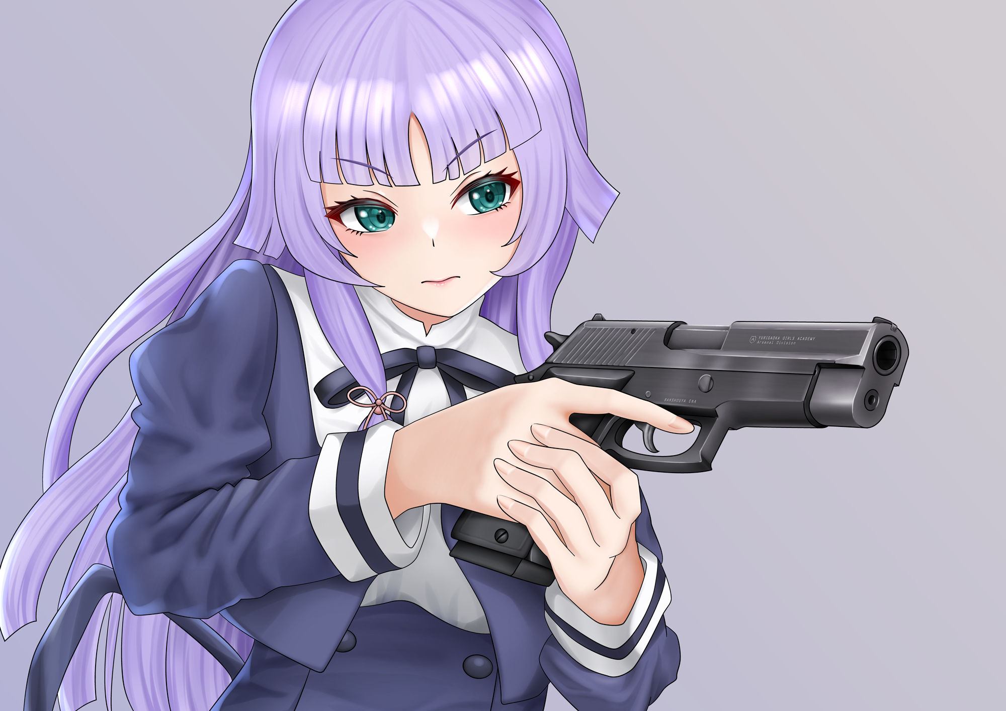 1girl aqua_eyes assault_lily banshouya_ena black_ribbon black_skirt blunt_bangs blunt_ends buttons closed_mouth commentary_request cropped_jacket fingernails grey_background gun handgun hands_up high-waist_skirt highres holding holding_gun holding_weapon imai_tomohiro juliet_sleeves long_hair long_sleeves looking_ahead low-tied_sidelocks neck_ribbon puffy_sleeves purple_hair ribbon school_uniform sidelocks sig_p220/p226 simple_background skirt solo two-handed upper_body v-shaped_eyebrows weapon yurigaoka_girls_academy_school_uniform