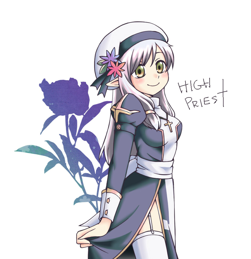 1girl alternate_color back_bow blue_flower blush bow breasts character_name closed_mouth commentary_request cowboy_shot cross cross_necklace curtsey dress floral_background flower garter_straps green_eyes grey_dress grey_hair hat hat_flower hat_ornament high_priest_(ragnarok_online) jewelry juliet_sleeves leaf_hat_ornament long_hair long_sleeves looking_at_viewer medium_breasts necklace pointy_ears porinu puffy_sleeves ragnarok_online red_flower sash sidelocks simple_background smile solo tam_(ragnarok_online) thighhighs two-tone_dress white_background white_bow white_dress white_hat white_sash white_thighhighs