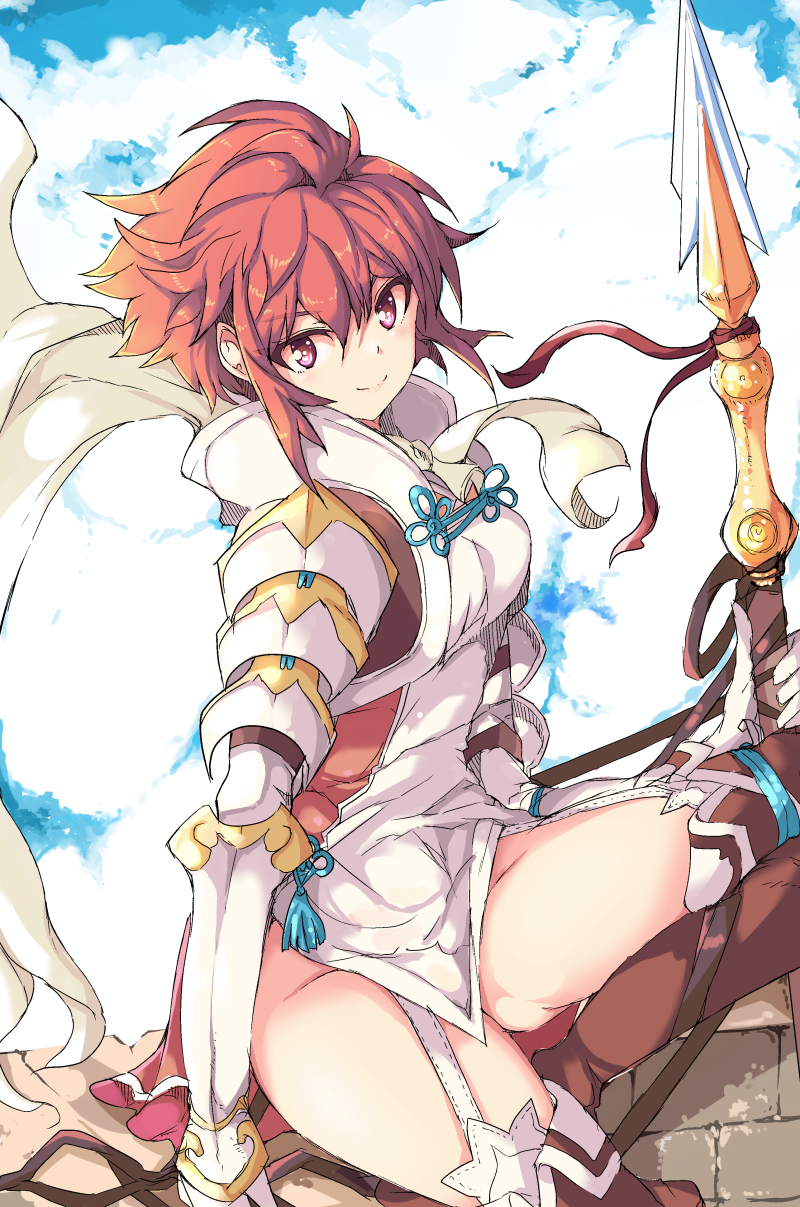 1girl arm_guards armor bad_id bad_pixiv_id boots breasts dress echizen_(hvcv) female_focus fire_emblem fire_emblem_fates garter_straps groin highres hinoka_(fire_emblem) holding holding_weapon looking_at_viewer nintendo polearm red_eyes red_hair scarf short_dress short_hair shoulder_armor sitting small_breasts smile solo spear thick_thighs thigh_boots thighhighs thighs weapon zettai_ryouiki