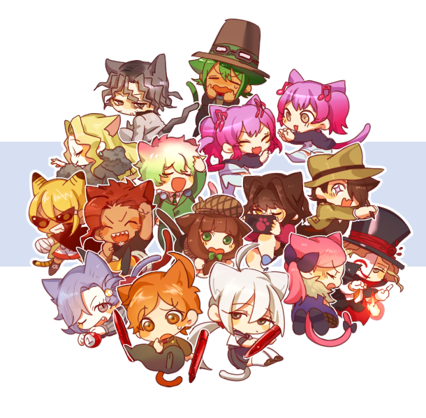 6+boys 6+girls ahoge animal_ears arm_up bandaged_hand bandages black_cape black_jacket black_pants black_sailor_collar black_shirt black_shorts black_skirt black_vest blonde_hair blue_hair blue_shoes bow brown_hair brown_headwear brown_jacket brown_shirt cape cat_boy cat_ears cat_girl cat_tail chibi chiebukuro_setsuka closed_eyes closed_mouth coat collared_shirt commentary_request danganronpa_another dark-skinned_male dark_skin dress earrings fang fortissimo fur_coat goggles goggles_on_headwear gradient_hair green_bow green_eyes green_hair green_jacket green_necktie grey_coat grey_eyes grey_hair grin hair_between_eyes hair_bow hair_ornament hair_over_one_eye hat jacket jewelry kaburiburi kabuya_yoruko kagarin_yuri kasai_shinji long_hair long_sleeves maeda_yuki magorobi_emma makunouchi_hajime mitsume_kokoro multicolored_hair multiple_boys multiple_girls musical_note musical_note_hair_ornament necktie nijiue_iroha one_eye_closed open_clothes open_jacket open_mouth orange_eyes orange_hair otonokoji_hibiki otonokoji_kanade otori_teruya pants pink_hair pink_shirt pleated_skirt red_hair sailor_collar sailor_shirt sannoji_mikado school_uniform serafuku sharp_teeth shirt shoes short_hair short_sleeves shorts skin_fang skirt slippers smile sora_(super_danganronpa_another_2) striped_necktie sunglasses super_danganronpa_another_2 sweat tail teeth thighhighs tiger_boy tiger_ears tiger_tail twintails vest white_dress white_hair white_jacket white_shirt white_shorts white_skirt white_thighhighs yellow_eyes yellow_headwear yellow_jacket yomiuri_nikkei