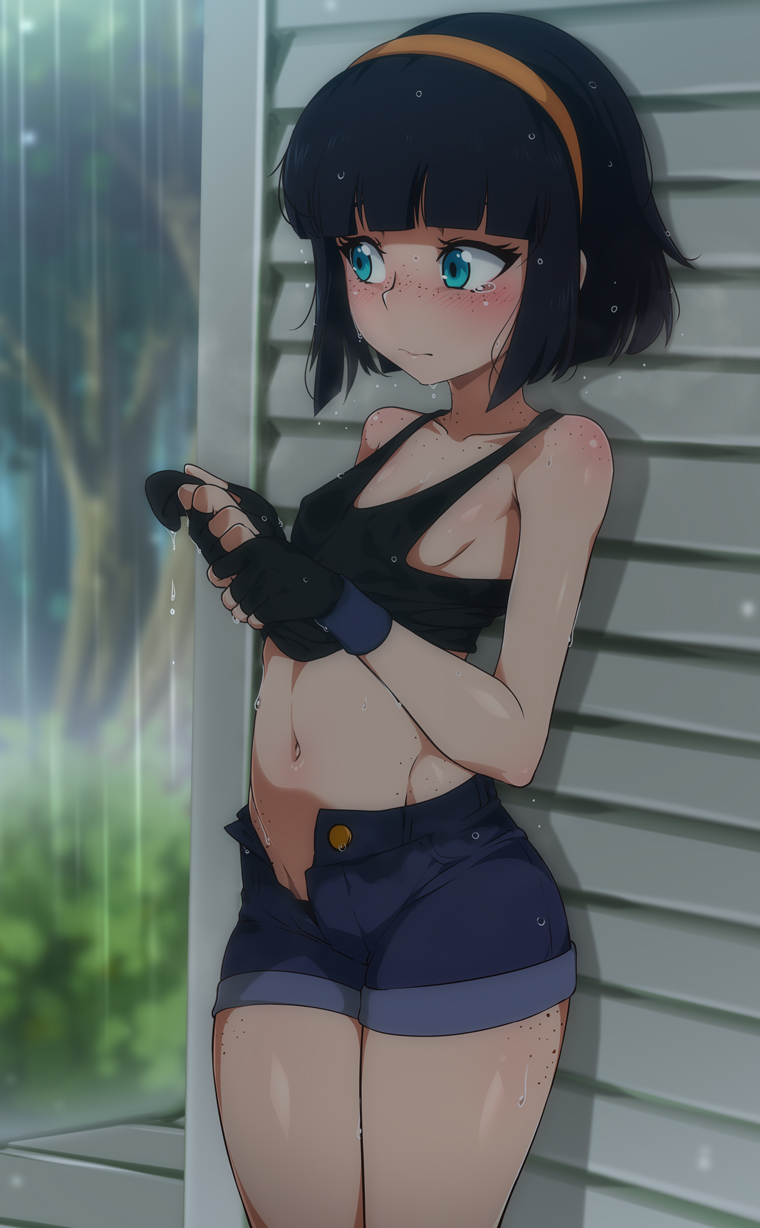 1girl bare_shoulders black_gloves black_hair black_panties black_tank_top blue_eyes blue_shorts blunt_bangs blush body_freckles borrowed_character breasts eyebrows_hidden_by_hair fingerless_gloves freckles gloves hairband highres jcm2 kasia_mikolajczyk_(silverfox442) loli looking_away navel nintendo no_bra nose_blush open_clothes open_fly open_shorts orange_hairband original panties panty_peek pokemon rain short_hair shorts small_breasts solo stomach tank_top unbuttoned underwear unzipped wet wet_clothes wringing_clothes