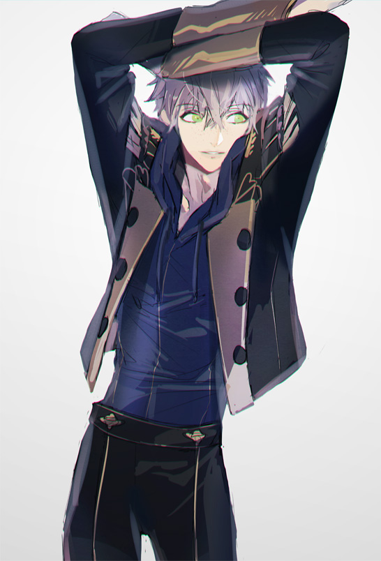 1boy ashe_ubert black_jacket black_pants blue_hoodie buttons crossed_bangs feet_out_of_frame fire_emblem fire_emblem:_three_houses garreg_mach_monastery_uniform green_eyes grey_hair hood hood_down hoodie jacket long_sleeves looking_to_the_side male_focus nintendo open_clothes open_jacket pants parted_lips short_hair sideways_glance simple_background sleeve_cuffs solo standing teeth tsukimura_noe white_background