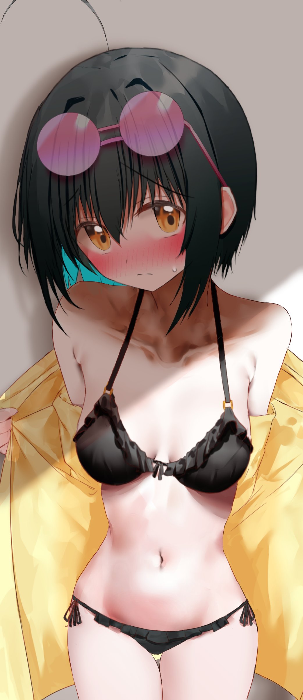 1girl absurdres ahoge ashinagi_(bijutu1) bikini black_bikini black_hair blush breasts cloak collarbone eyewear_on_head full-face_blush highres idolmaster idolmaster_cinderella_girls kohinata_miho looking_at_viewer medium_breasts navel short_hair side-tie_bikini_bottom solo sunglasses sweatdrop swimsuit yellow_eyes