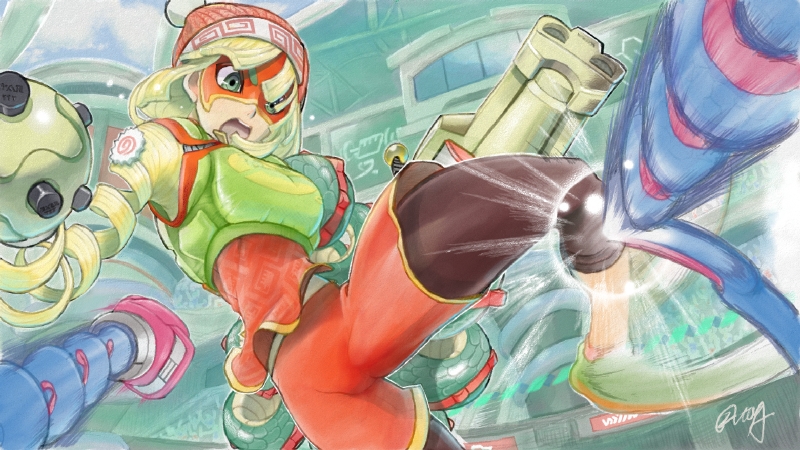 1boy 1girl arms_(game) beanie black_pantyhose blonde_hair breasts crop_top domino_mask dragon_(arms) food green_eyes green_footwear green_shirt hair_between_eyes hanabusa_(xztr3448) hat knit_hat leg_up leggings leggings_under_shorts mask medium_breasts megawatt_(arms) min_min_(arms) noodles open_mouth orange_hat orange_shirt orange_shorts pantyhose pom_pom_(clothes) punching shirt shoes short_hair short_sleeves shorts signature solo_focus spring_man_(arms) teeth toaster_(arms) tongue undershirt v-shaped_eyebrows