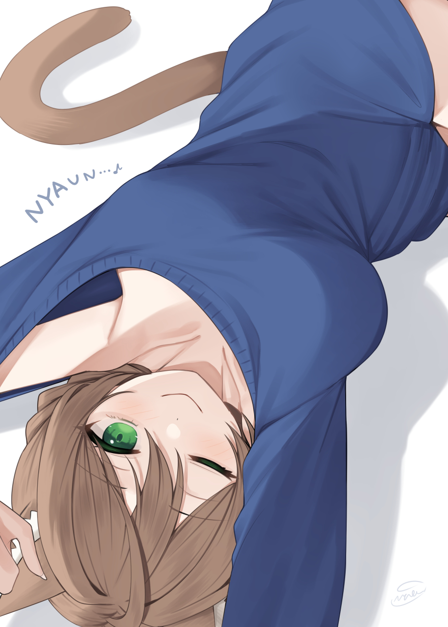 1girl ahoge animal_ear_fluff animal_ears binsen blue_sweater braid breasts brown_hair cat_ears cat_tail collarbone crown_braid dot_nose double-parted_bangs dress eyelashes green_eyes highres idolmaster idolmaster_million_live! idolmaster_million_live!_theater_days kemonomimi_mode large_breasts light_blush looking_at_viewer lying nyan off-shoulder_sweater off_shoulder one_eye_closed sakuramori_kaori shadow solo sweater sweater_dress swept_bangs tail white_background