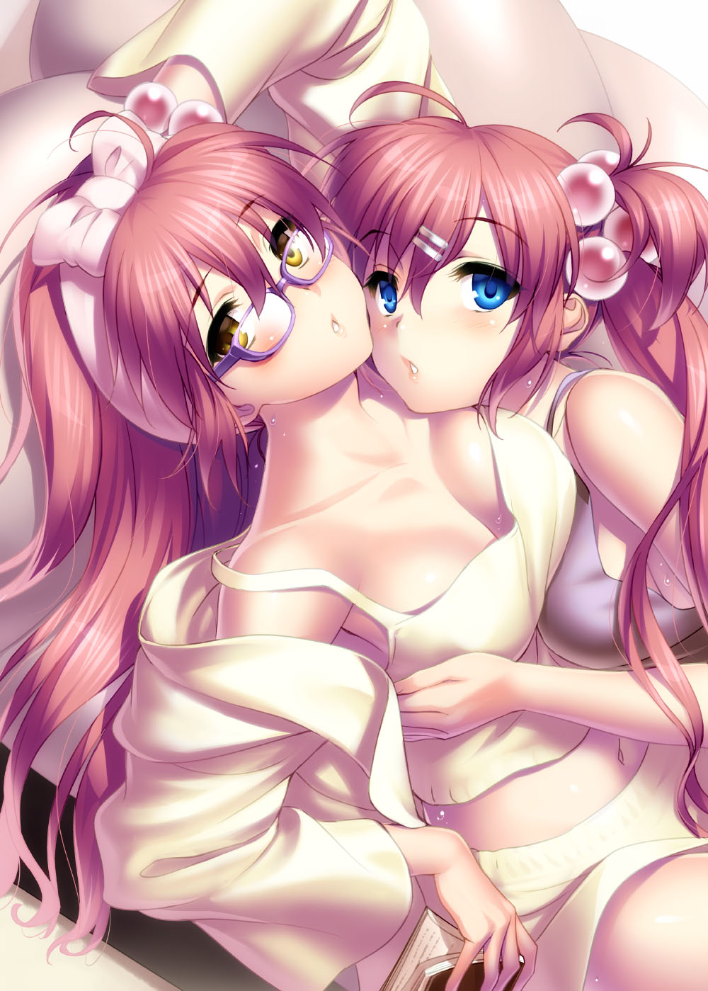 2girls alternate_costume bespectacled blue_eyes breasts brown_eyes casual chestnut_mouth collarbone commentary commentary_request cowboy_shot futaki_kanata glasses hair_bobbles hair_ornament hairband half_updo highres little_busters! long_hair looking_at_viewer medium_breasts multiple_girls navel parted_lips purple-framed_eyewear purple_hair saigusa_haruka siblings side_ponytail sisters sleeveless zen