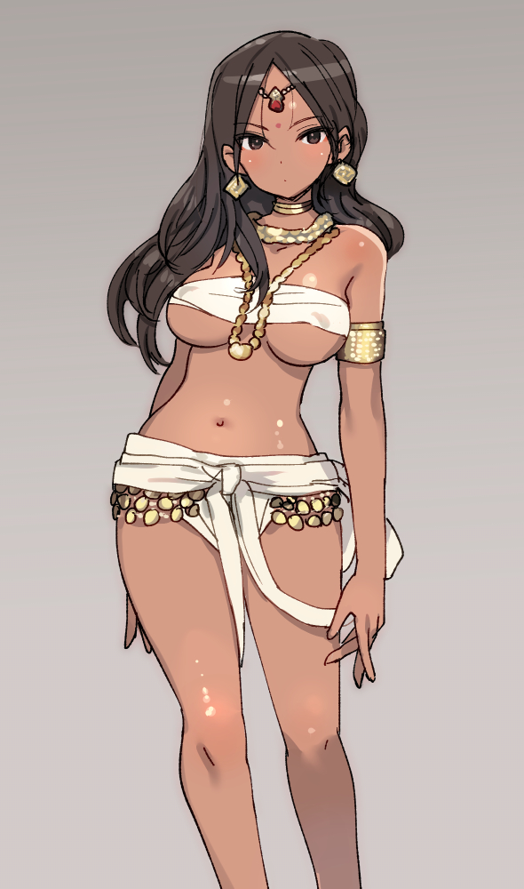1girl armlet bandeau bare_shoulders breasts brown_eyes brown_hair choker circlet cleavage closed_mouth collarbone covered_erect_nipples dark-skinned_female dark_skin earrings gold_earrings grey_background jewelry large_breasts light_blush long_hair looking_at_viewer meme navel necklace original revealing_clothes shimada_fumikane simple_background solo stomach thighs yakshi_statue_(meme)