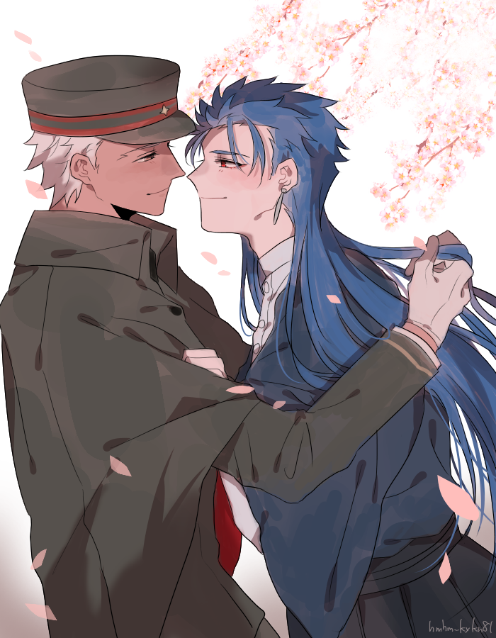 2boys archer_(fate) archer_(spring_equinox_travelogue)_(fate) blue_hair blush brown_eyes cape cherry_blossoms cu_chulainn_(caster)_(fate) cu_chulainn_(fate) dark-skinned_male dark_skin fate_(series) gloves hat japanese_clothes long_hair male_focus military military_uniform multiple_boys namahamu_(hmhm_81) peaked_cap petals playing_with_another&#039;s_hair red_eyes shako_cap shouwa white_gloves white_hair yaoi