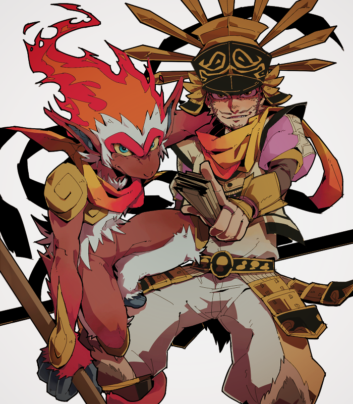 armor blue_eyes brown_eyes brown_hair facial_hair fan folding_fan gen_4_pokemon grin hand_fan helmet infernape japanese_clothes kanzyuku looking_at_viewer mustache nintendo parted_lips pointing pointing_at_viewer pokemon pokemon_conquest pokemon_on_leg puffy_sleeves scarf sengoku_musou sideburns smile staff toyotomi_hideyoshi white_background