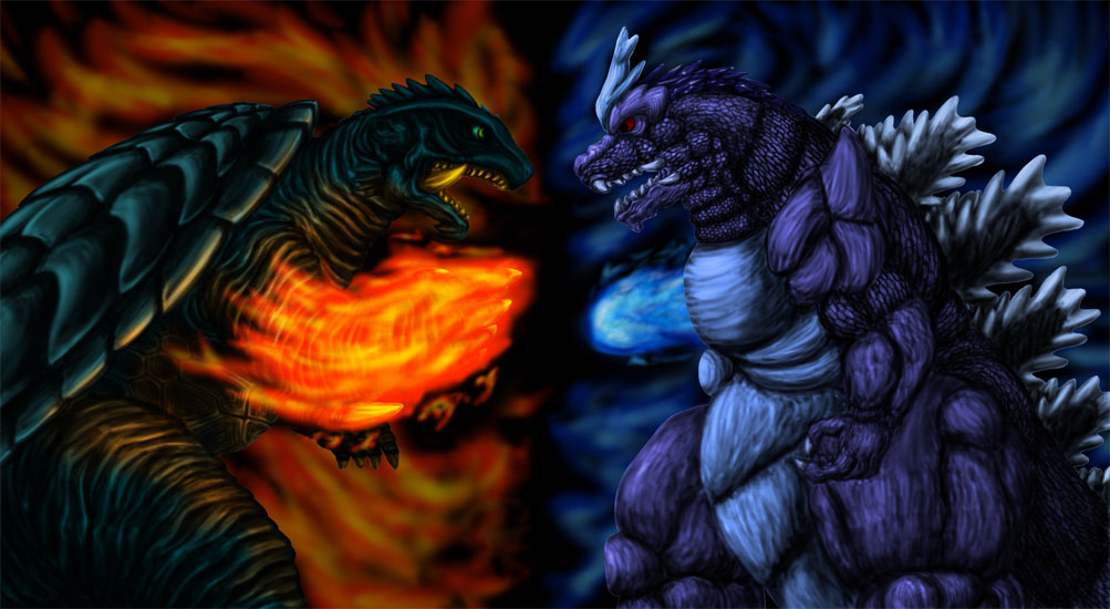 advance_communication_company banishing_fist banishing_sword crossover daiei_film dinosaur elemental_(creature) energy energy_arm energy_fist fire fire_elemental gamera gamera_(series) gamera_3:_revenge_of_iris glowing glowing_fist glowing_hand godzilla godzilla_(series) green_eyes horns irom_(vtad) kaiju muscular muscular_male no_humans plasma punching red_eyes sea_monster shell single_horn super_godzilla super_godzilla_(character) tail toho turtle turtle_shell tusks