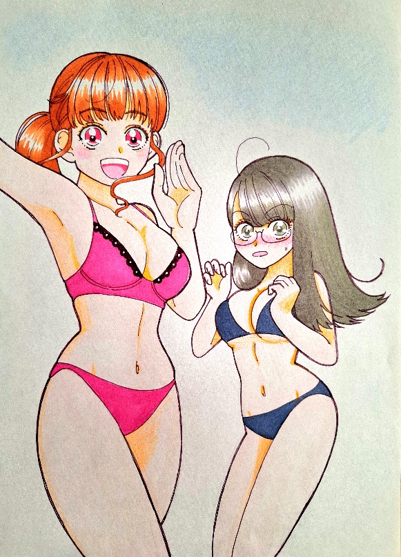 2girls bakuage_sentai_boonboomger bikini black_hair brown_hair glasses kwai_chi multiple_girls olive_eyes pink_eyes saibu_shirabe shifuto_mira super_sentai swimsuit
