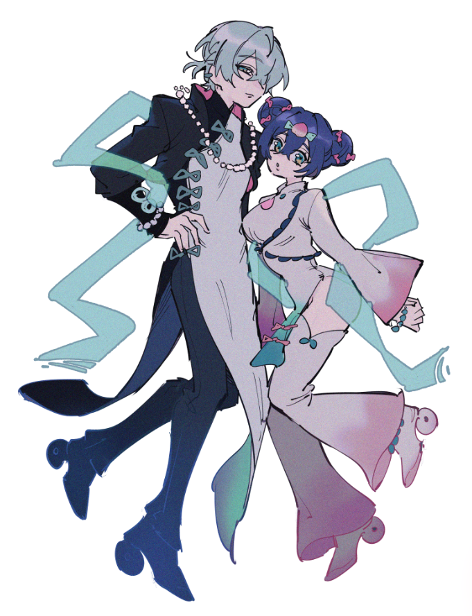 1boy 1girl :o alternate_costume belle_(zenless_zone_zero) blue_hair bow bracelet brother_and_sister crossed_bangs double_bun food food-themed_hair_ornament fruit grey_hair hair_bow hair_bun hair_ornament jewelry long_sleeves looking_at_viewer low_ponytail multiple_hair_bows necklace offnanoda peach pearl_anklet pearl_bracelet pearl_necklace ponytail shawl siblings white_background wise_(zenless_zone_zero) zenless_zone_zero