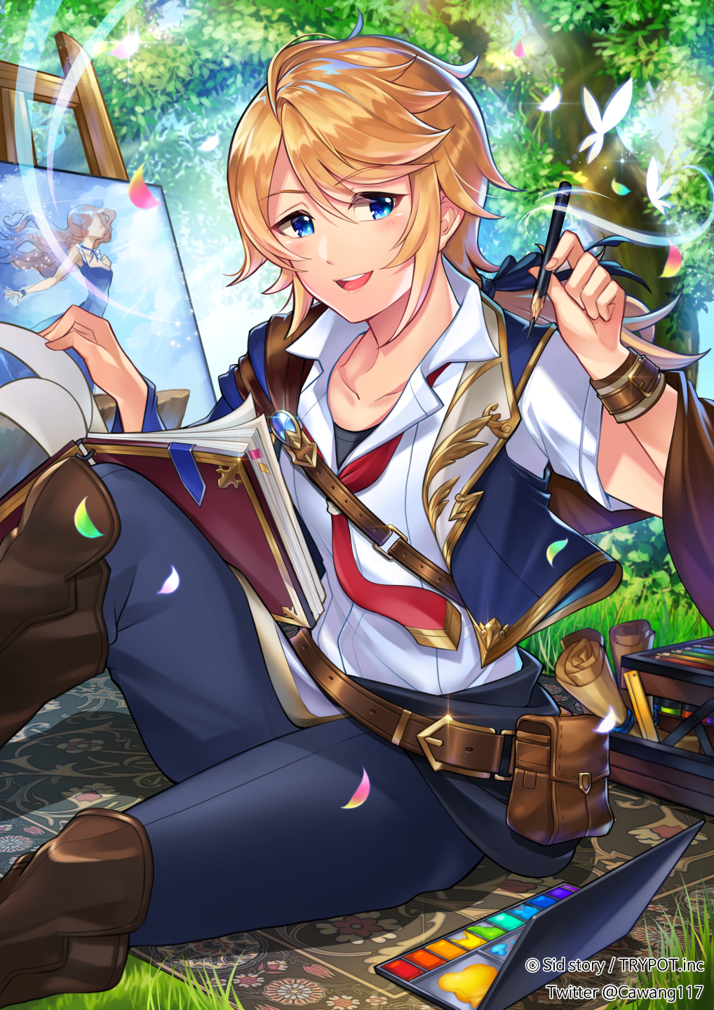 1boy :d belt belt_pouch black_ribbon black_undershirt blanket blonde_hair blue_eyes blue_pants blue_vest book boots box brown_belt brown_boots brown_capelet bug butterfly canvas_(object) capelet cawang copyright_notice day easel falling_petals feet_out_of_frame gold_trim grass hair_ribbon hand_up highres holding holding_pencil insect knee_boots knee_up lapels long_hair looking_at_viewer low_ponytail male_focus neckerchief official_art open_book open_clothes open_mouth open_vest outdoors paint painting_(object) pants pencil petals ponytail pouch red_neckerchief ribbon scroll shirt short_sleeves shoulder_belt sid_story side_cape sitting smile solo swept_bangs teeth tree upper_teeth_only vest white_shirt wing_collar wristband