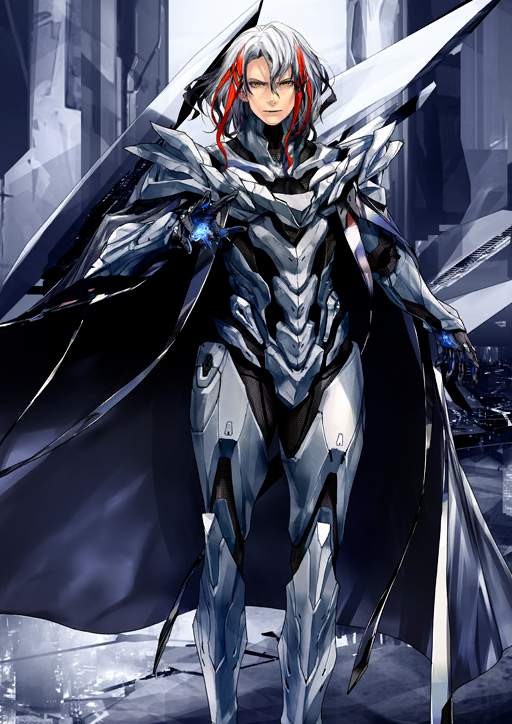 1boy aigis_(fate) armor armored_bodysuit black_bodysuit black_hair bodysuit cape closed_mouth fate/grand_order fate_(series) feet_out_of_frame game_cg gradient_hair grey_background grey_cape grey_hair hair_between_eyes hand_up high_collar looking_at_viewer male_focus medium_hair multicolored_hair odysseus_(fate) official_art red_streaks redjuice solo standing streaked_hair third-party_source turtleneck variant_set white_armor white_hair yellow_eyes