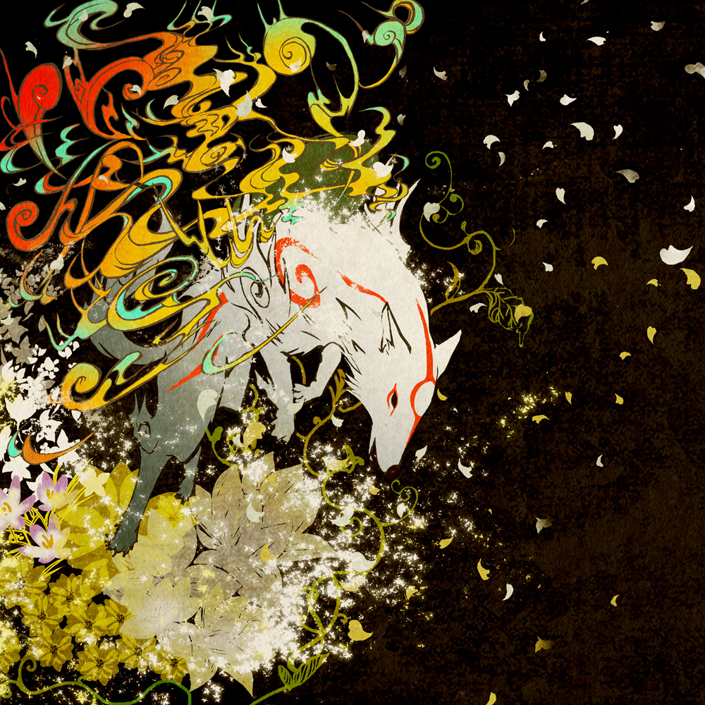 1girl amaterasu_(ookami) animal_focus black_background fire flower from_side full_body hourouzanmai markings no_humans ookami_(game) petals solo white_wolf wolf