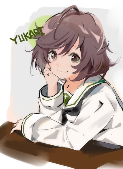 10s 1girl akiyama_yukari arm_support bad_id bad_twitter_id black_neckerchief blouse brown_eyes brown_hair character_name closed_mouth commentary_request female_focus girls_und_panzer head_rest korean_commentary long_sleeves looking_at_viewer messy_hair naye neckerchief ooarai_school_uniform school_uniform serafuku shirt short_hair sitting sketch smile solo upper_body white_shirt