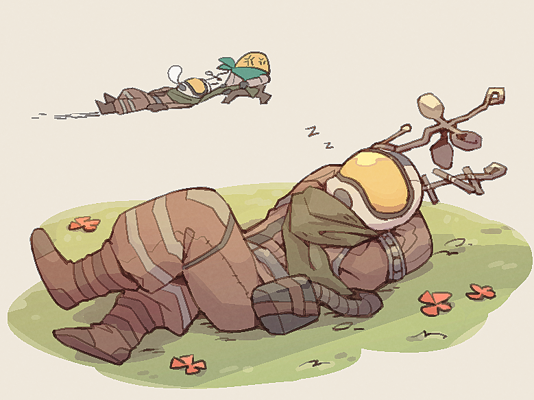 2others arms_behind_head brown_pants chert_(outer_wilds) covered_face crossed_legs dragging full_body gabbro green_scarf helmet lying multiple_others okajamira on_back on_grass other_focus outer_wilds pants radio_antenna scarf solo_focus space_helmet tube zzz