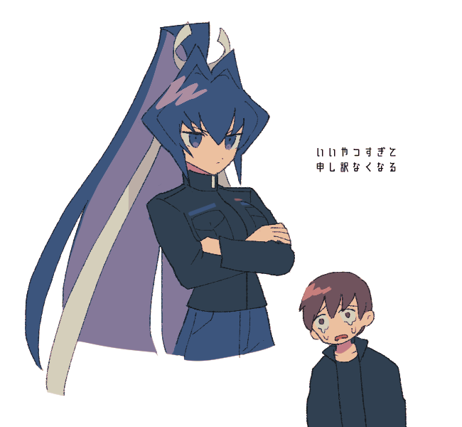 1boy 1girl black_jacket black_shirt blue_eyes blue_hair blue_pants brown_hair collarbone cropped_legs crossed_arms crying crying_with_eyes_open eyebrows_hidden_by_hair hair_behind_ear hair_intakes jacket long_hair mitsurugi_meiya muv-luv muv-luv_alternative pants ponytail shirogane_takeru shirt tears v-shaped_eyebrows very_long_hair yuri7s0