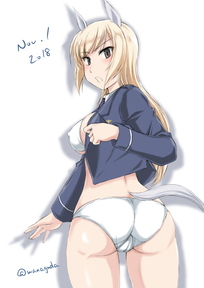 1girl animal_ears ass bikini bikini_under_clothes blonde_hair blue_jacket blue_necktie blush_stickers breasts brown_eyes cameltoe collar commentary cowboy_shot crotch_seam dated detached_collar female_focus frown horse_ears horse_tail jacket large_breasts long_hair long_sleeves looking_at_viewer looking_back marian_e._carl military military_uniform necktie no_pants noble_witches open_clothes open_jacket open_mouth panties shadow simple_background solo standing strike_witches swimsuit tail thighs trefoil twitter_username underwear wan&#039;yan_aguda white_background white_bikini white_collar wing_collar world_witches_series