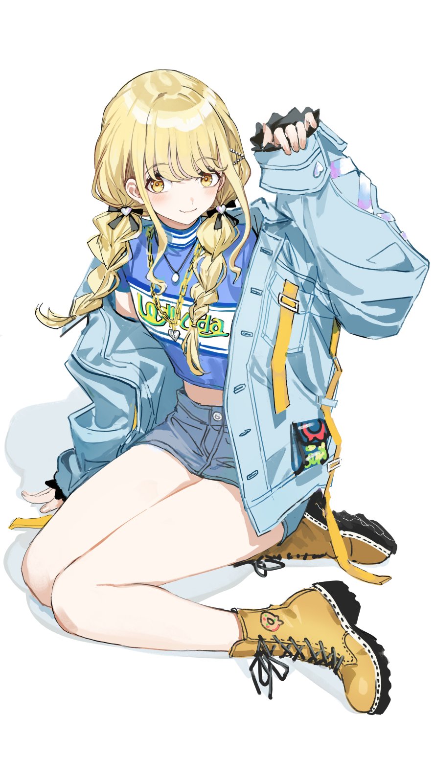 1girl bare_legs blonde_hair blue_jacket blue_shirt blush boots braid cropped_shirt fujita_kotone gakuen_idolmaster grey_skirt hair_ribbon highres idolmaster infukun jacket long_hair looking_at_viewer midriff miniskirt open_clothes open_jacket ribbon shirt simple_background skirt smile solo twin_braids white_background yellow_boots yellow_eyes