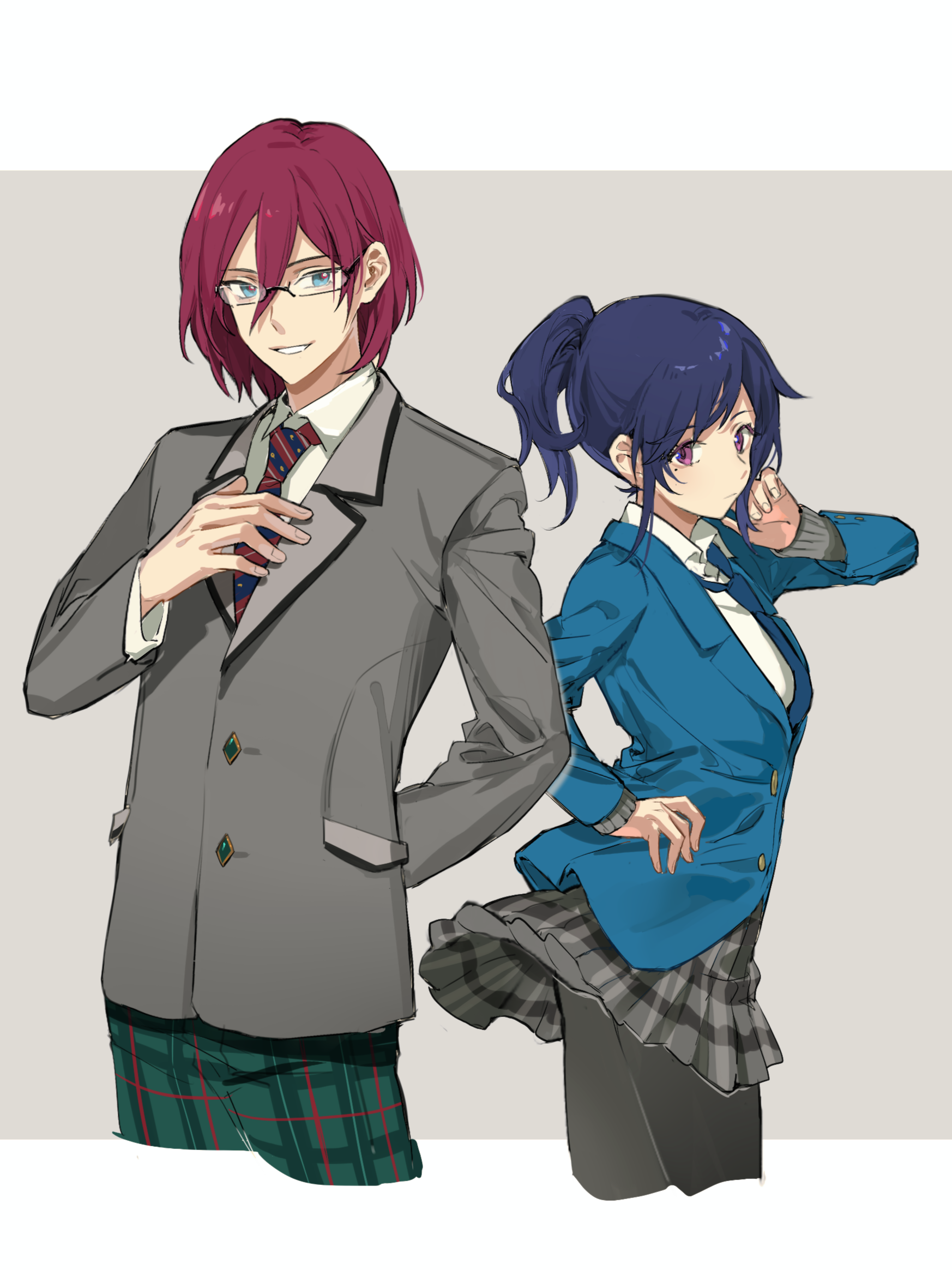 1boy 1girl arm_behind_back black_pantyhose blazer blue_eyes blue_hair blue_jacket blue_necktie border buttons collared_jacket collared_shirt cropped_legs ensemble_stars! expressionless fingernails fushimi_yuzuru genderswap genderswap_(ftm) green_pants grey_background grey_jacket grey_skirt hair_between_eyes hand_in_own_hair hand_on_own_chest hand_on_own_hip happy highres jacket kitakawayui lapels layered_sleeves letterboxed long_sleeves looking_at_viewer miniskirt mole mole_under_eye necktie notched_lapels open_mouth outside_border pants pantyhose pink_eyes pink_hair plaid_clothes plaid_pants plaid_skirt pleated_skirt pocket ponytail red_necktie saegusa_ibara shirt short_hair short_ponytail skirt smile striped_necktie teeth white_border white_shirt