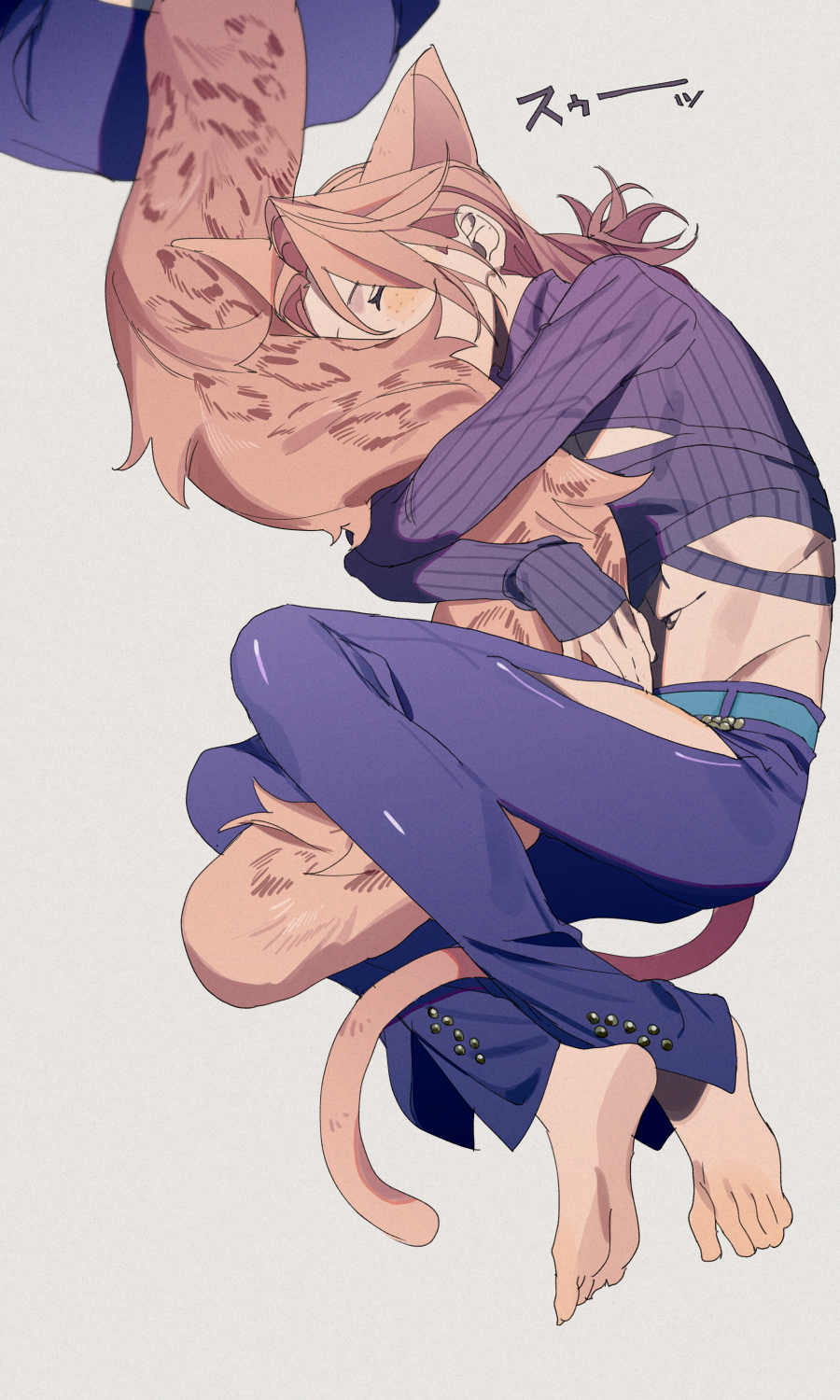 2boys animal_ears barefoot blue_pants braid braided_ponytail cat_boy cat_ears closed_eyes clothing_cutout crop_top diavolo from_side highres hug hymkky3 jojo_no_kimyou_na_bouken kemonomimi_mode leopard_tail male_focus midriff multiple_boys out_of_frame pants pink_fur pink_hair ponytail purple_pants purple_sweater ribbed_sweater simple_background spotted_fur sweater tail vento_aureo vinegar_doppio white_background