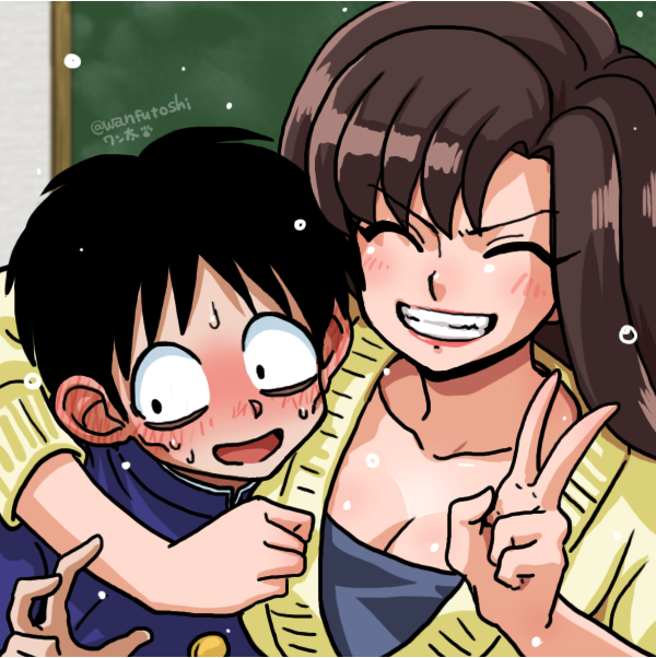 blush breasts cleavage closed_eyes gosunkugi_hikaru ninomiya_hinako ranma_1/2 smile sweater v wanta_(futoshi)