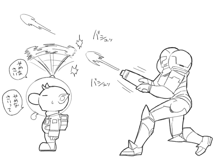 1boy 1girl afterimage arm_cannon armor backpack bag big_nose energy_blast firing from_side full_armor full_body gloves helmet metroid motion_lines naru_(wish_field) nintendo normal_suit_(metroid) olimar on_one_knee patch pikmin_(series) pointy_ears power_suit_(metroid) radio_antenna samus_aran short_hair simple_background space_helmet spacesuit speech_bubble standing super_smash_bros. sweatdrop translation_request very_short_hair weapon whistle white_background