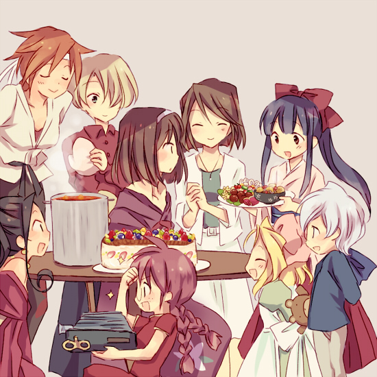 00s 6+girls ^_^ ^o^ antique_camera arms_behind_back black_hair blonde_hair blue_eyes bow braid brown_eyes brown_hair cake camera china_dress chinese_clothes closed_eyes curly_hair dougi dress earrings food freckles fujieda_kaede glasses grey_hair hair_bow hairband hakama hakama_skirt holding holding_plate iris_chateaubriand japanese_clothes jean-paul jewelry kanzaki_sumire kimono kirishima_kanna looking_at_another looking_to_the_side maria_tachibana meiji_schoolgirl_uniform multiple_girls necklace obi oven_mitts pants pink_bow plate purple_background purple_hair red_bow red_dress red_hair red_shirt reni_milchstrasse reverse_trap ri_kouran sakura_taisen sakura_taisen_ii sash shinguuji_sakura shirt short_hair simple_background sitting skirt smudge snack soletta_orihime soup spiked_hair steam strapless strapless_dress stuffed_animal stuffed_toy surprised table teddy_bear tranquillo_barnetta twin_braids wato wiping_forehead