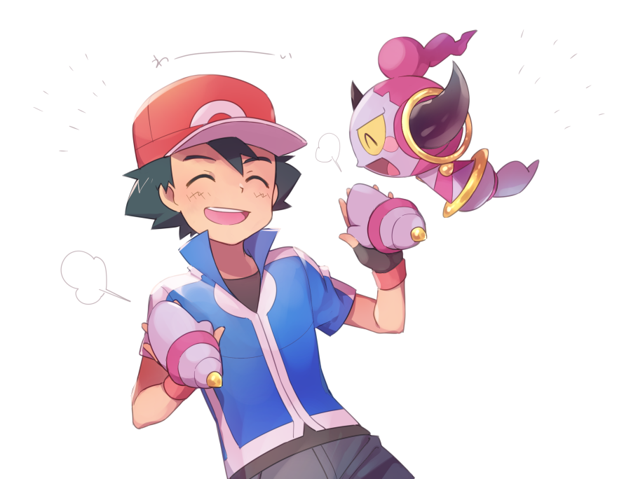 1boy :d ame_(ame025) ash_ketchum baseball_cap blue_jacket blush closed_eyes collared_jacket commentary_request fingerless_gloves gen_6_pokemon gloves grey_pants hands_up hat holding holding_hands holding_pokemon hoopa hoopa_(confined) jacket legendary_pokemon male_focus mythical_pokemon nintendo open_mouth pants pokemon pokemon_(anime) pokemon_(creature) pokemon_xy_(anime) popped_collar red_headwear shirt short_sleeves smile teeth tongue upper_teeth_only white_background |d