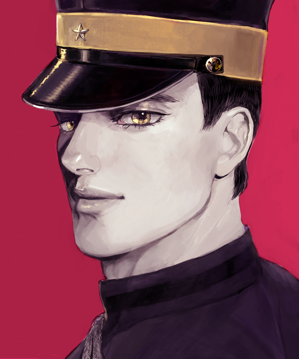 1boy black_hair brown_eyes golden_kamuy hanazawa_yusaku hat highres kepi looking_at_viewer male_focus military_hat norinoe portrait red_background short_hair simple_background solo