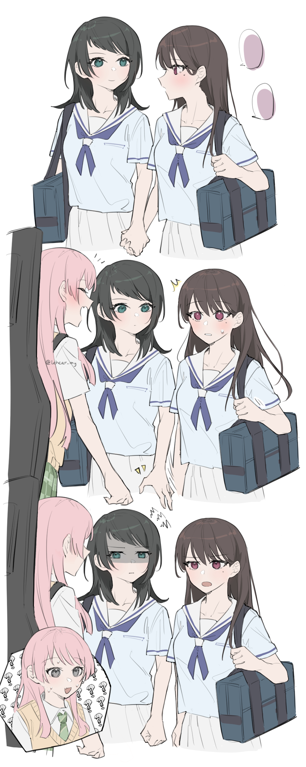 3girls absurdres angry bag bang_dream! bang_dream!_it&#039;s_mygo!!!!! black_hair blue_bag blue_eyes blue_neckerchief blue_shirt brown_hair brown_sweater_vest chihaya_anon closed_mouth commentary_request diagonal-striped_clothes diagonal-striped_necktie fang green_necktie grey_hair guitar_case hanasakigawa_school_uniform haneoka_school_uniform highres holding_hands instrument_case instrument_on_back lehcar long_hair medium_hair mole mole_under_eye multiple_girls neckerchief necktie nervous_sweating open_mouth pleated_skirt purple_eyes school_bag school_uniform shiina_taki shirt short_sleeves shoulder_bag simple_background skin_fang skirt striped_clothes sweat sweater_vest white_background white_shirt white_skirt yahata_umiri