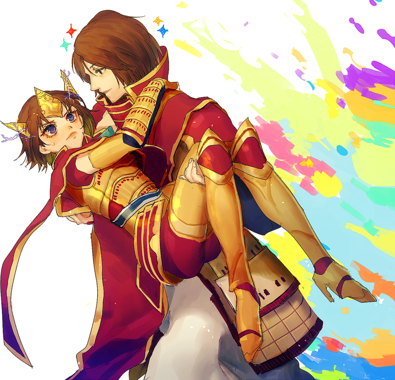 armor arms_around_another&#039;s_neck blush brown_eyes brown_hair cape carrying carrying_person electricity high_heels husband_and_wife lips princess_carry purple_eyes sengoku_musou sparks tachibana_ginchiyo tachibana_muneshige tiara