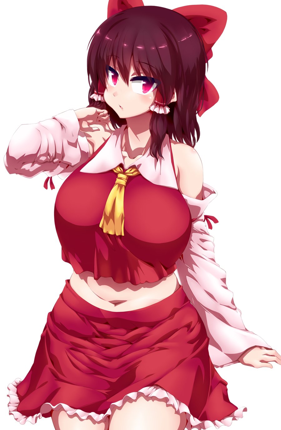 1girl :o ascot bare_shoulders belly blush bow breasts brown_hair commentary curvy detached_sleeves female_focus hair_bow hair_ribbon hakurei_reimu highres huge_breasts looking_at_viewer midriff navel open_mouth plump red_eyes ribbon solo tokyo_(great_akuta) touhou tsurime yellow_ascot